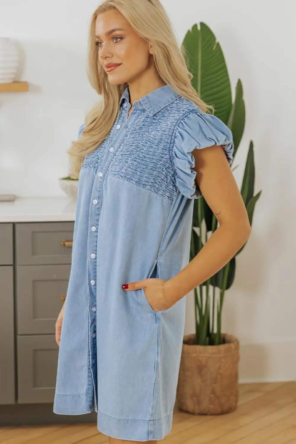 New Dear-Lover Flutter Sleeve Shirred Detail Button Up Denim Mini Dress Beau Blue