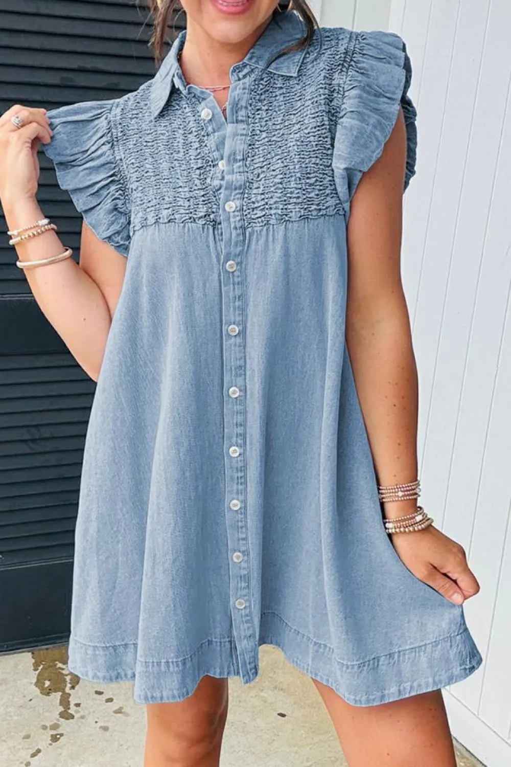 New Dear-Lover Flutter Sleeve Shirred Detail Button Up Denim Mini Dress Beau Blue