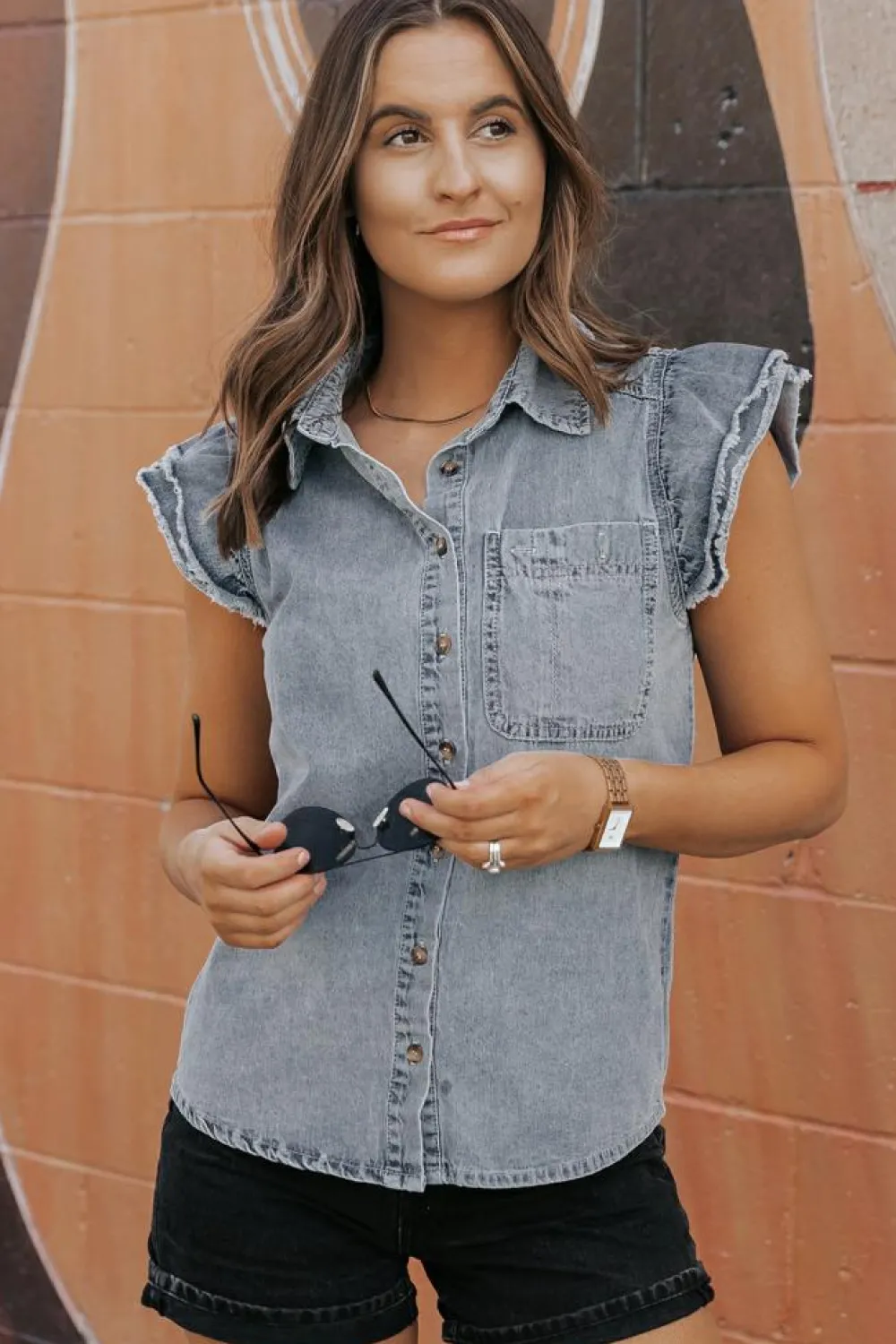 Sale Dear-Lover Frayed Ruffle Sleeve Denim Shirt Beau Blue