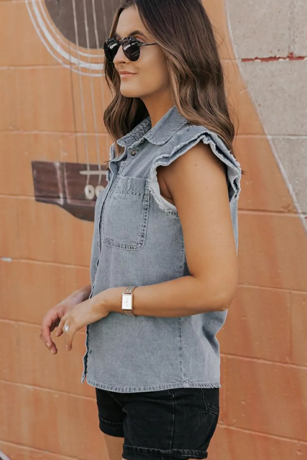 Sale Dear-Lover Frayed Ruffle Sleeve Denim Shirt Beau Blue