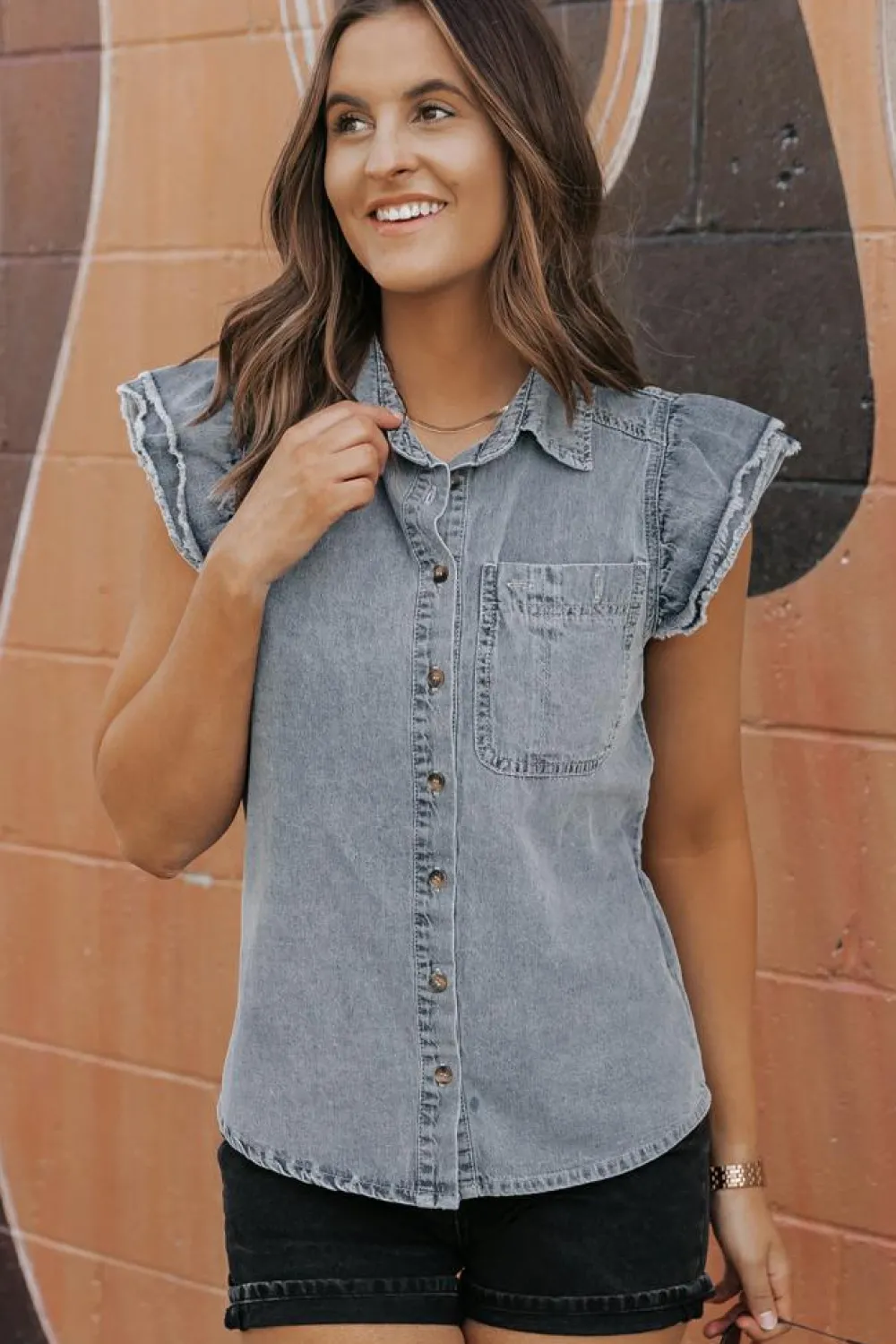 Sale Dear-Lover Frayed Ruffle Sleeve Denim Shirt Beau Blue
