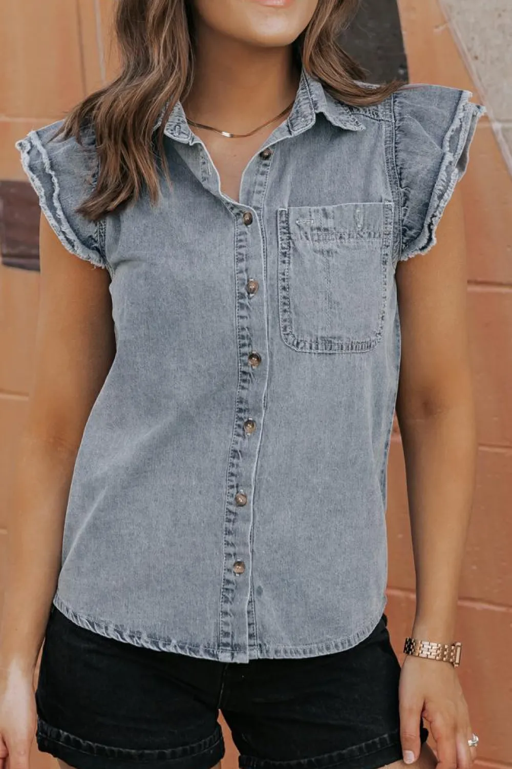 Sale Dear-Lover Frayed Ruffle Sleeve Denim Shirt Beau Blue