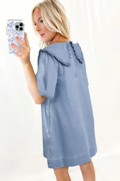 Online Dear-Lover Frilled Peter Pan Collar Loose Denim Short Dress Beau Blue