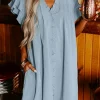 Hot Dear-Lover Frilled V Neck Pleated Ruffle Detail Short Shift Dress Beau Blue