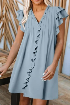 Hot Dear-Lover Frilled V Neck Pleated Ruffle Detail Short Shift Dress Beau Blue