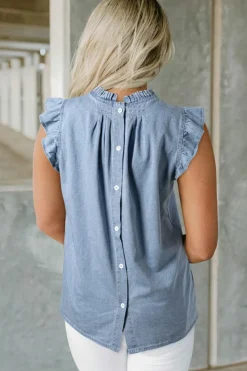 Online Dear-Lover Frilly Pleated Button Back Retro Chambray Top Beau Blue