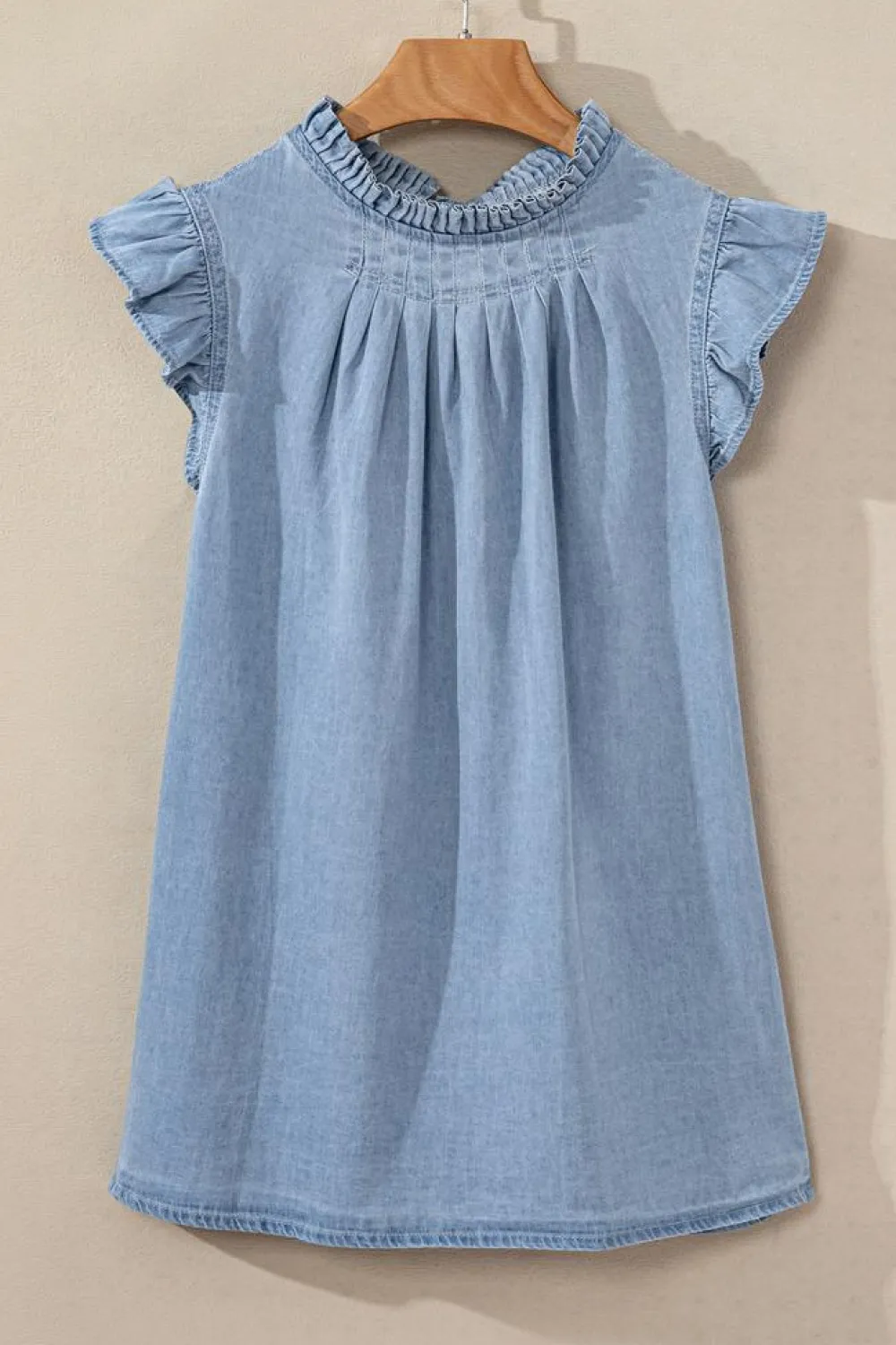 Online Dear-Lover Frilly Pleated Button Back Retro Chambray Top Beau Blue