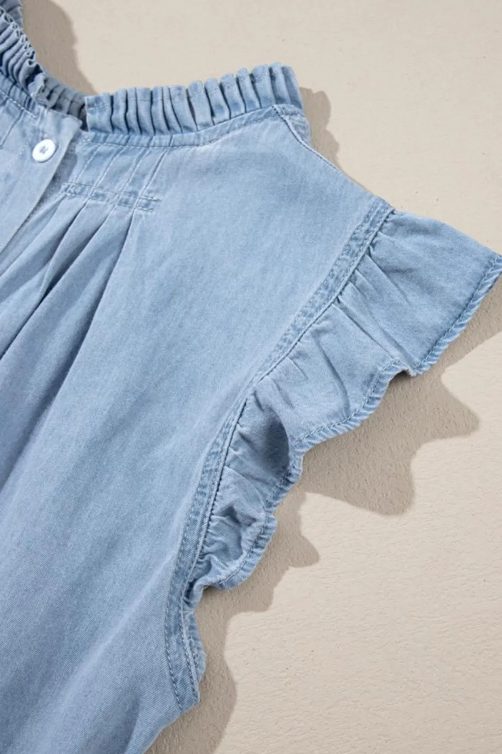 Online Dear-Lover Frilly Pleated Button Back Retro Chambray Top Beau Blue