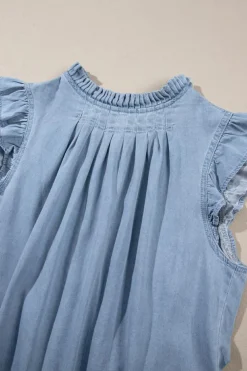 Online Dear-Lover Frilly Pleated Button Back Retro Chambray Top Beau Blue