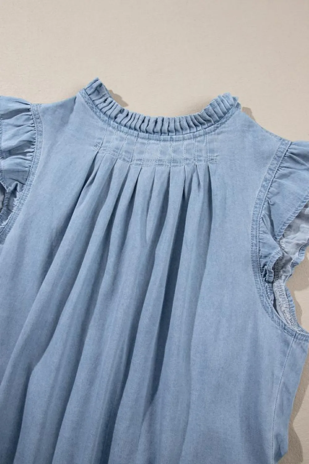 Online Dear-Lover Frilly Pleated Button Back Retro Chambray Top Beau Blue