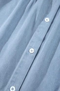Online Dear-Lover Frilly Pleated Button Back Retro Chambray Top Beau Blue