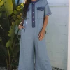 Clearance Dear-Lover Half Placket Chest Pockets Short Sleeve Wide Leg Jumpsuit Beau Blue