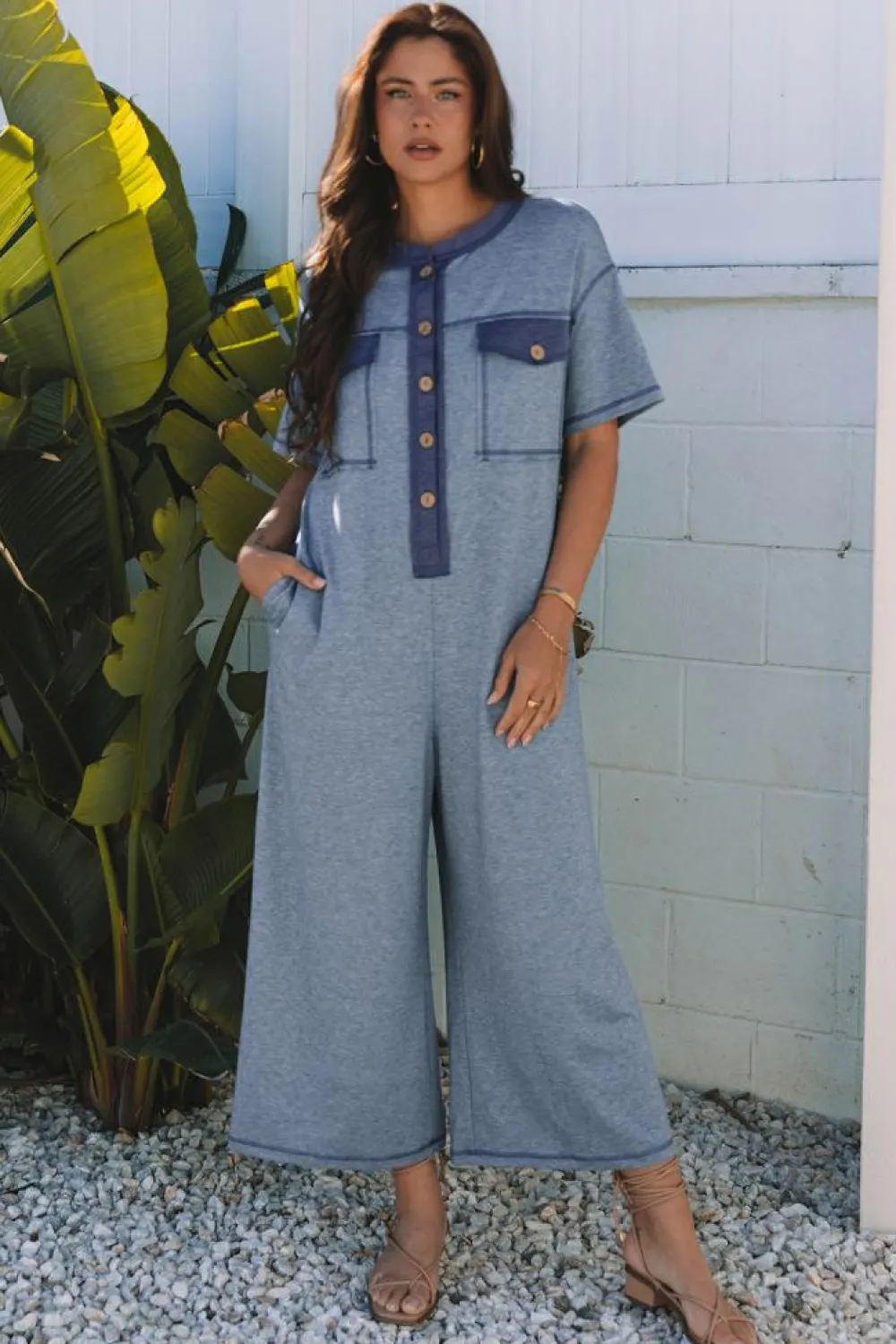 Clearance Dear-Lover Half Placket Chest Pockets Short Sleeve Wide Leg Jumpsuit Beau Blue