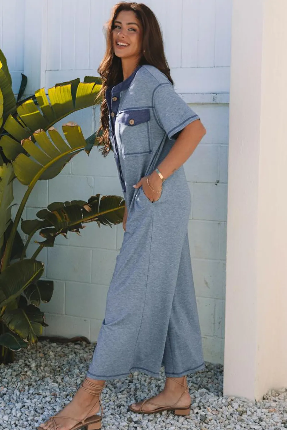 Clearance Dear-Lover Half Placket Chest Pockets Short Sleeve Wide Leg Jumpsuit Beau Blue