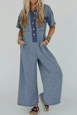 Clearance Dear-Lover Half Placket Chest Pockets Short Sleeve Wide Leg Jumpsuit Beau Blue
