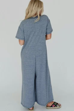 Clearance Dear-Lover Half Placket Chest Pockets Short Sleeve Wide Leg Jumpsuit Beau Blue