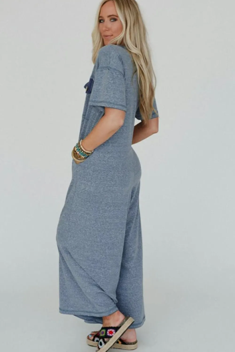 Clearance Dear-Lover Half Placket Chest Pockets Short Sleeve Wide Leg Jumpsuit Beau Blue