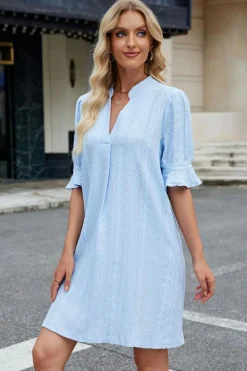 Hot Dear-Lover Jacquard Texture Flared Short Sleeve Notched Neck Mini Dress Beau Blue