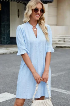 Hot Dear-Lover Jacquard Texture Flared Short Sleeve Notched Neck Mini Dress Beau Blue