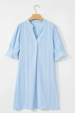 Hot Dear-Lover Jacquard Texture Flared Short Sleeve Notched Neck Mini Dress Beau Blue