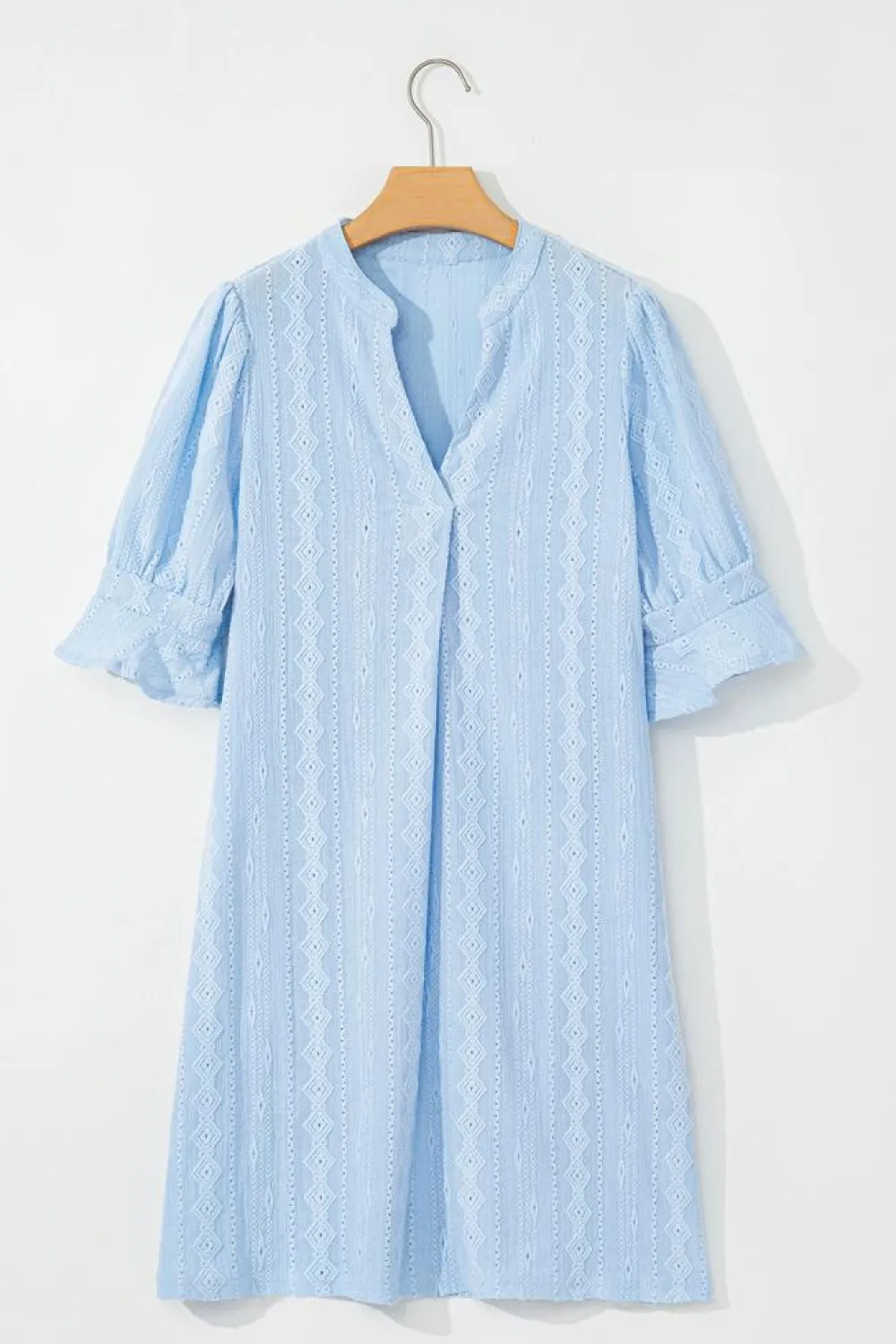 Hot Dear-Lover Jacquard Texture Flared Short Sleeve Notched Neck Mini Dress Beau Blue