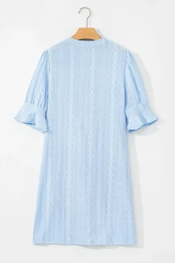 Hot Dear-Lover Jacquard Texture Flared Short Sleeve Notched Neck Mini Dress Beau Blue