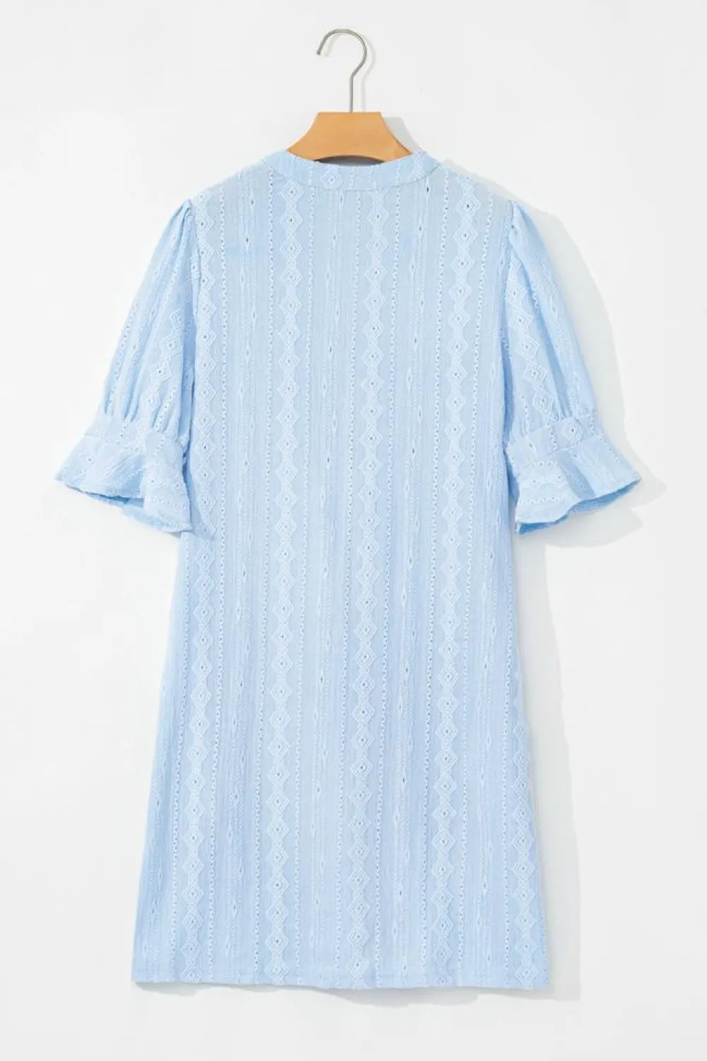 Hot Dear-Lover Jacquard Texture Flared Short Sleeve Notched Neck Mini Dress Beau Blue