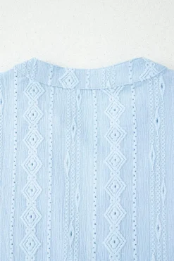 Hot Dear-Lover Jacquard Texture Flared Short Sleeve Notched Neck Mini Dress Beau Blue