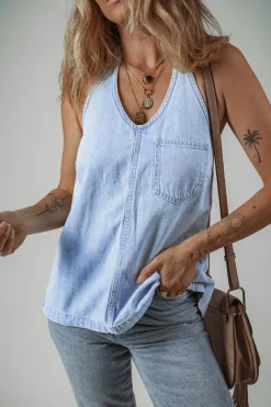 Sale Dear-Lover Knotted Open Back Halterneck Denim Tank Top Beau Blue