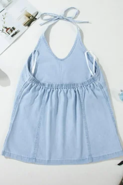 Sale Dear-Lover Knotted Open Back Halterneck Denim Tank Top Beau Blue