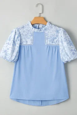 Online Dear-Lover Lace Insert Floral Puff Sleeve Patchwork Loose Blouse Beau Blue