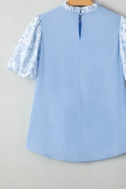 Online Dear-Lover Lace Insert Floral Puff Sleeve Patchwork Loose Blouse Beau Blue