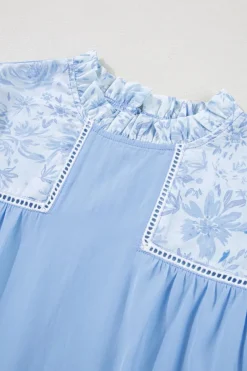 Online Dear-Lover Lace Insert Floral Puff Sleeve Patchwork Loose Blouse Beau Blue