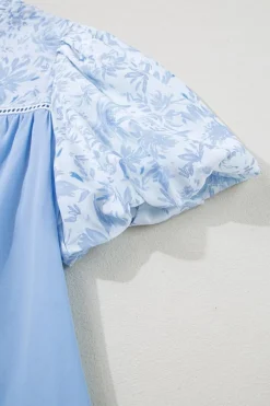Online Dear-Lover Lace Insert Floral Puff Sleeve Patchwork Loose Blouse Beau Blue