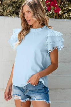 New Dear-Lover Layered Ric Rac Cap Sleeve Filled Neck Blouse Beau Blue