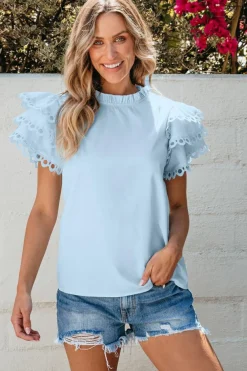 New Dear-Lover Layered Ric Rac Cap Sleeve Filled Neck Blouse Beau Blue