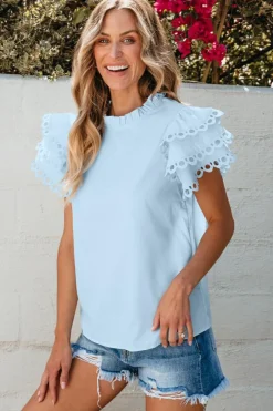 New Dear-Lover Layered Ric Rac Cap Sleeve Filled Neck Blouse Beau Blue