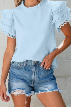 New Dear-Lover Layered Ric Rac Cap Sleeve Filled Neck Blouse Beau Blue