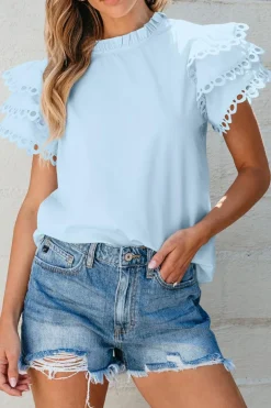 New Dear-Lover Layered Ric Rac Cap Sleeve Filled Neck Blouse Beau Blue