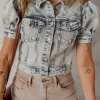 Outlet Dear-Lover Light Wash Buttoned Chest Pocket Puff Sleeve Denim Jacket Beau Blue