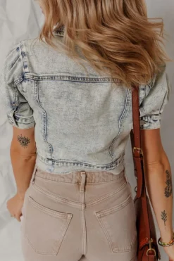 Outlet Dear-Lover Light Wash Buttoned Chest Pocket Puff Sleeve Denim Jacket Beau Blue