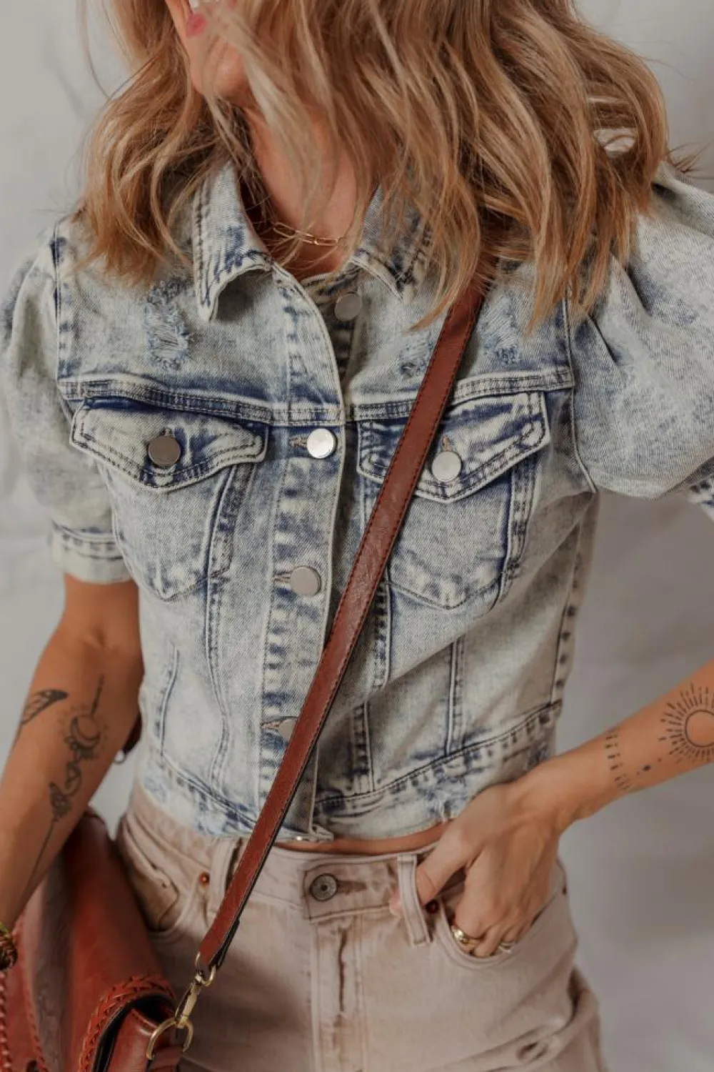 Outlet Dear-Lover Light Wash Buttoned Chest Pocket Puff Sleeve Denim Jacket Beau Blue