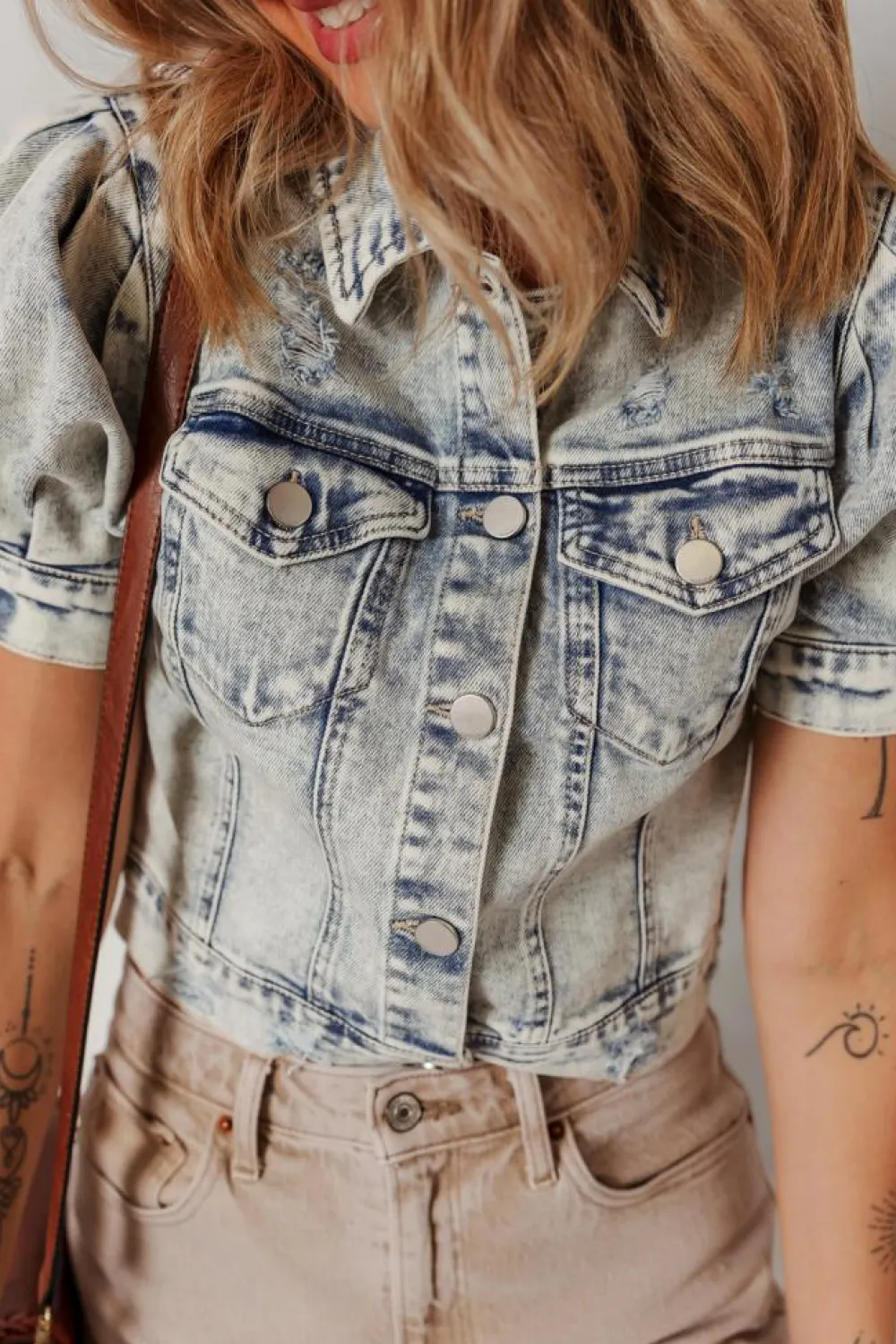 Outlet Dear-Lover Light Wash Buttoned Chest Pocket Puff Sleeve Denim Jacket Beau Blue