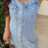 Discount Dear-Lover Light Wash Denim Buttoned Front Chest Pockets Sleeveless Slim Mini Dress Beau Blue