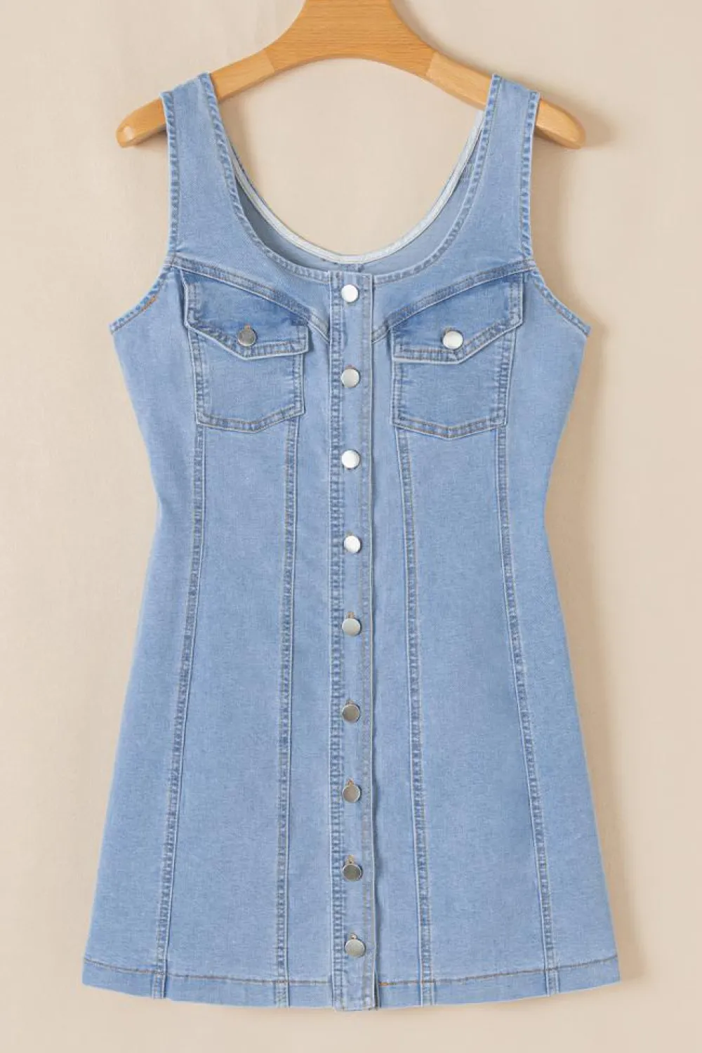 Discount Dear-Lover Light Wash Denim Buttoned Front Chest Pockets Sleeveless Slim Mini Dress Beau Blue