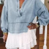 Outlet Dear-Lover Light Wash Exposed Stitching Raw Hem V Neck Denim Top Beau Blue