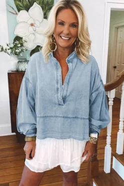 Outlet Dear-Lover Light Wash Exposed Stitching Raw Hem V Neck Denim Top Beau Blue
