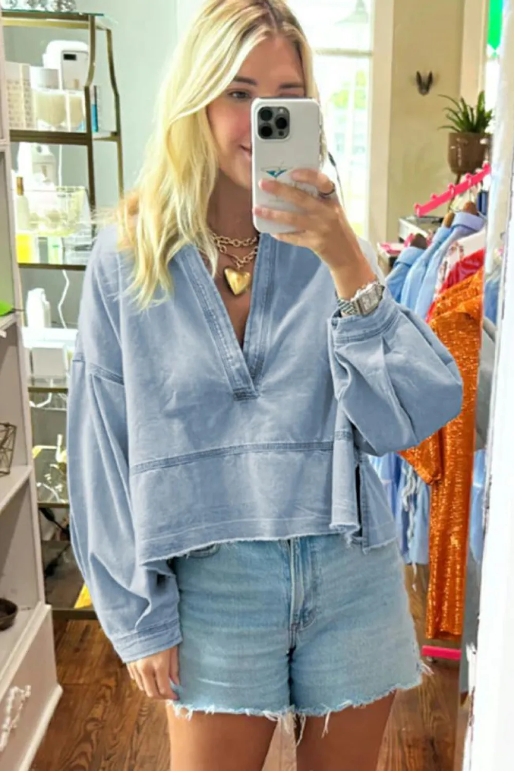 Outlet Dear-Lover Light Wash Exposed Stitching Raw Hem V Neck Denim Top Beau Blue