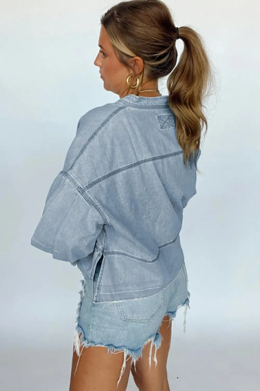Outlet Dear-Lover Light Wash Exposed Stitching Raw Hem V Neck Denim Top Beau Blue