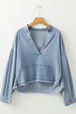 Outlet Dear-Lover Light Wash Exposed Stitching Raw Hem V Neck Denim Top Beau Blue